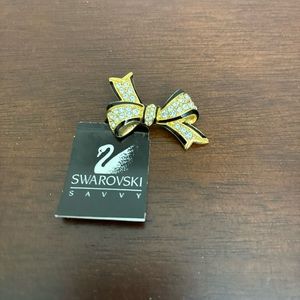Swarovski Ribbon Bow Pink Brooch Black Gold Clear Crystals
